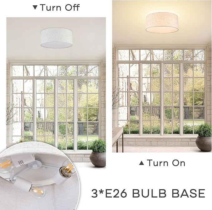 13 Inch Flush Mount Ceiling Light, 3-Light Modern Fabric Linen Drum Shade for Kitchen, Bedroom, Dining Room, Hallway and Entryway
