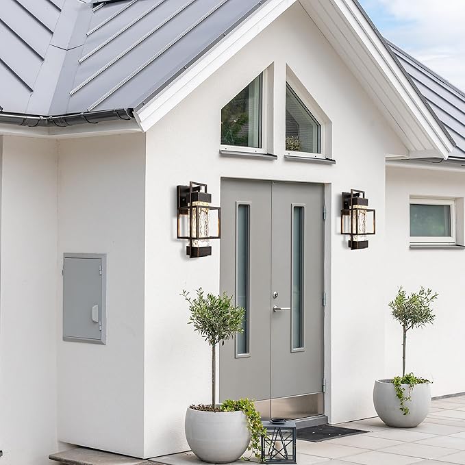 PARTPHONER Modern Outdoor Light Fixture Dusk to Dawn Outdoor Lighting, 15" H Exterior Wall Sconce Waterproof Porch Light, Outside Light for House with Water Glass for Garage Doorway Black Brushed Gold