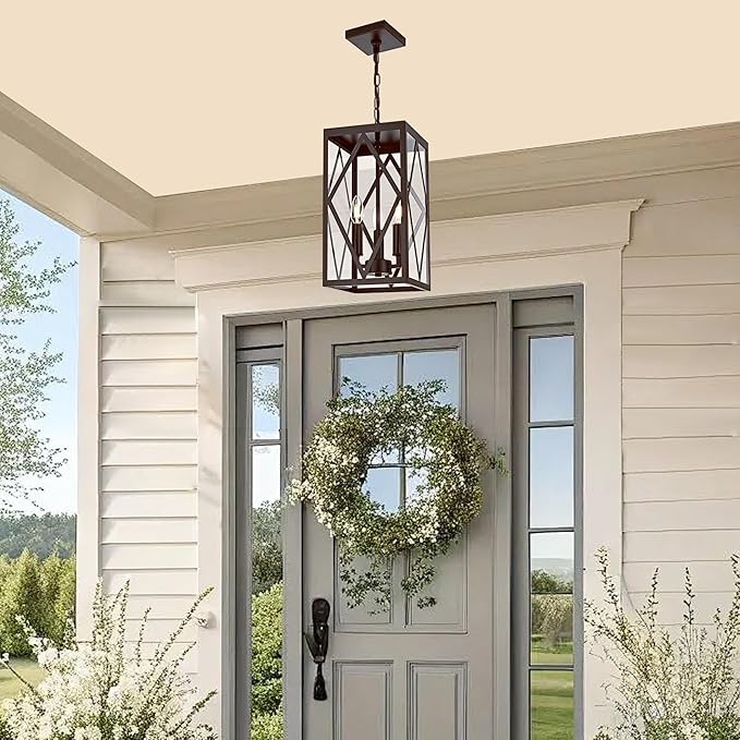 Outdoor Pendant Light Fixture 3-Light, 15.7in Farmhouse Bronze Outdoor Chandelier Hanging Porch Light, Metal Exterior Ceiling Mount Hanging Lantern with Clear Glass for Front Door Entrance