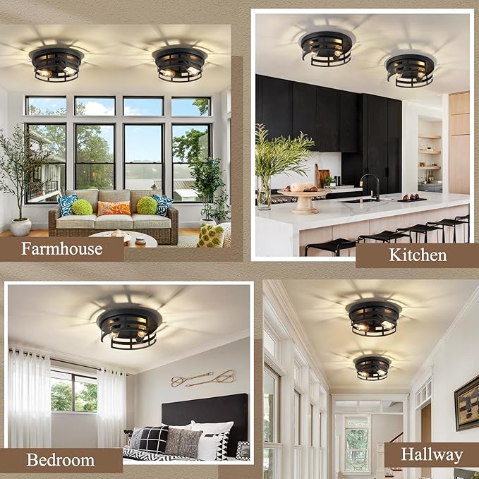 2-Light Black Flush Mount Ceiling Light Fixture,Light Fixtures Ceiling Mount for Hallway,Hall,Kitchen,Farmhouse (2 Pack)