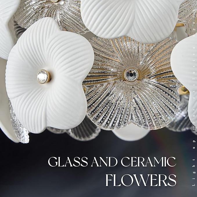 Modern Flower Small Pendant Lighting 2-Pack Gold Glass Pendant Light with White Ceramic Flowers 1-Light for Kitchen Island Sink Dining Room Entryway Hallway, E26