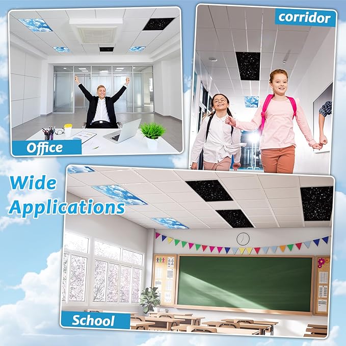 Wiooffen 6 Pcs Fluorescent Light Cover with 60 Magnets Decorative for Classroom Ceiling Lights 4 x 2 Feet Magnetic Light Covers Filter Easy Install for Office Hospitals & Home (Cloud and Starry Night)