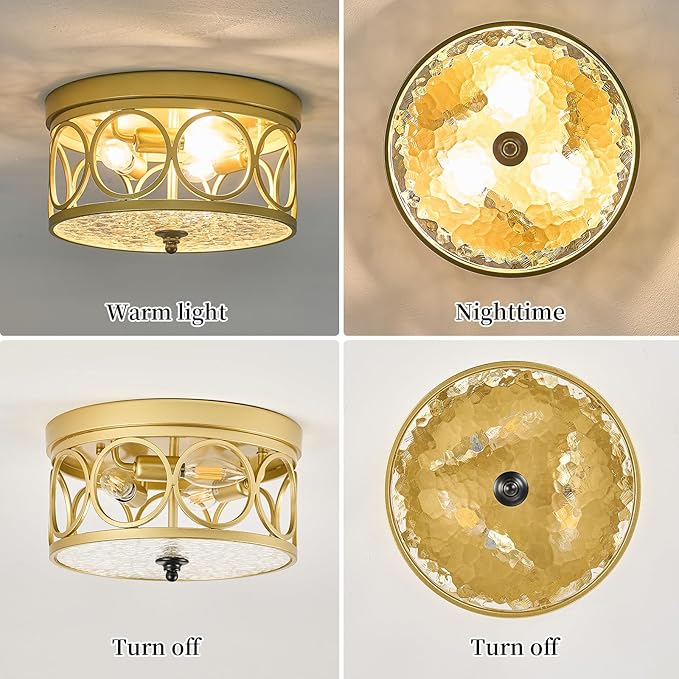 3-Light Flush Mount Ceiling Light Fixture, 11.2in Gold Metal Farmhouse Ceiling Lighting with Clear Glass & E12 Socket, for Kitchen Island, Bedroom, Entryway, Dining Room