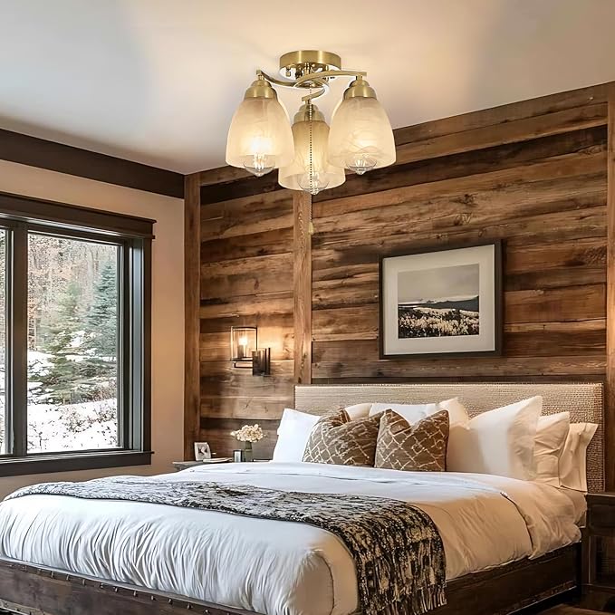 3-Light Flush Mount Ceiling Light with Pull Chain, Modern Golden Lighting Fixtures with Alabaster Glass for Kitchen Island Dining Room Bedroom Farmhouse Foyer Hallway
