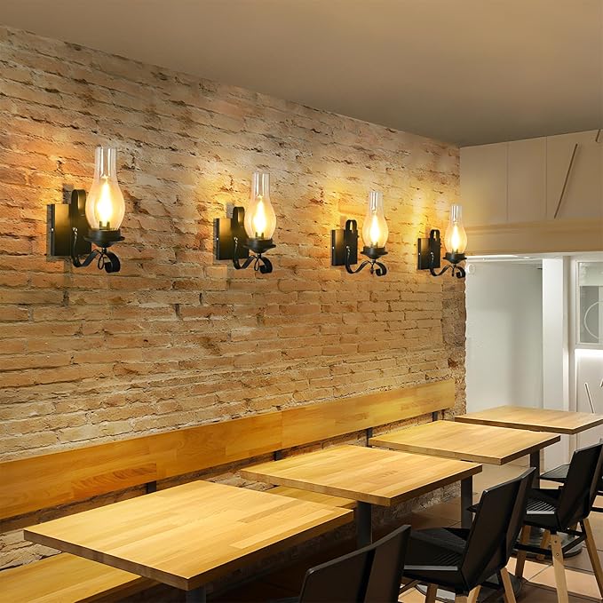 4 Pack Rustic Wall Sconces, Black Hardwired Farmhouse Industrial Wall Sconce Indoor Retro Wall Lamps with Amber Glass, Vintage Bathroom Sconces Wall Lighting Lantern