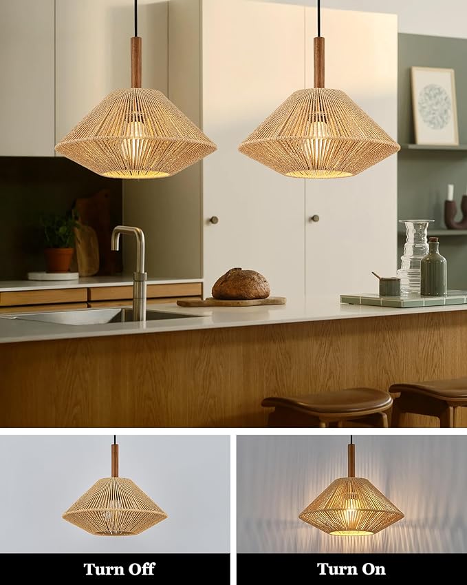 ELYONA 12.6" Boho Pendant Light Fixtures, Rattan Woven Pendant Light with Solid Ash Wood, Hanging Light for Kitchen Island, Farmhouse Ceiling Light for Dining Room Bedroom Living Room