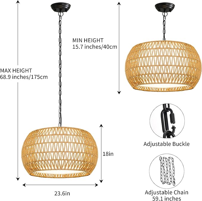 Farmhouse Chandelier Light Fixture,Rattan Boho Chandeliers for Dining Room,Large Pendant Lights Kitchen Island Hanging Light Fixtures Wicker Chandeliers for Bedroom Living Room Kitchen Nursery