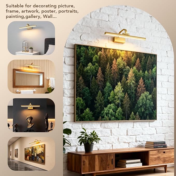 RAIFOOLLY Picture Light, 16inch Cordless Picture Lights for Wall with Timer and Dimmable, Battery Operated Metal Wall Lights for Display Gallery Painting Art Frame Portrait - Gold