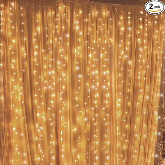 Twinkle Star 300 LED Window Fairy Curtain String Lights, 8 Modes Fairy Lights for Bedroom Wedding Party Home Garden Outdoor Indoor Wall Decorations, Warm White, 2 Pack