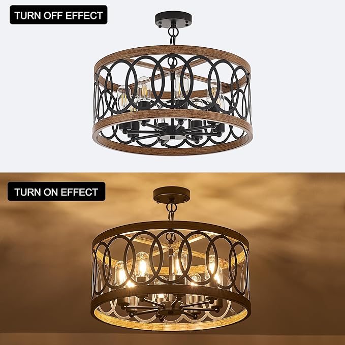 8-Light Farmhouse Drum Pendant Light,19.68'' Nature Wood Texture Vintage Rustic Chandeliers Black Metal Industrial Hanging Light Fixtures for Entryway, Bedroom Dining Room