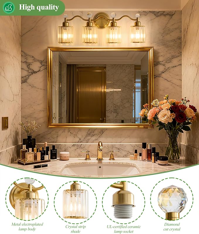 Modern Crystal Bathroom Vanity Light, 4-Lights Bathroom Light Fixtures, Brass Gold Vanity Lighting Fixtures Over Mirror, Brushed Wall Sconce Light for Bedroom, Kitchen, Living Room, Gallery, E26 Base