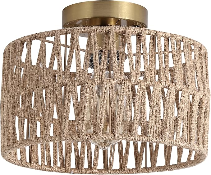 Coastal Antique Gold Woven Flush Mount Light Fixture Rustic Boho Hemp Rope Brass Semi Flush Mount Ceiling Light for Hallway Bedroom Farmhouse Kitchen Entryway Hall