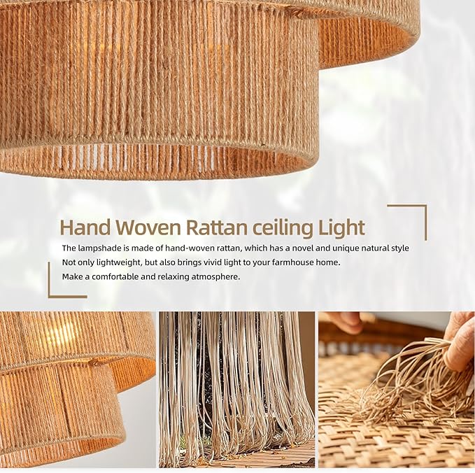 Boho Semi Flush Mount Ceiling Light Gold Rattan Ceiling Light 15.4" Farmhouse Ceiling Lamp with Natural Hemp Rope Lampshade for Dining Room Living Room Bedroom Kitchen