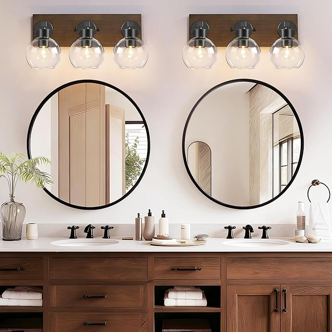 Farmhouse Bathroom Vanity Light Fixtures, Bathroom Light Fixtures Over Mirror,3-Light Rustic Black Wood Wall Sconces, Vintage Vanity Light for Bathroom with Clear Glass Shade (Black, 3-Light)