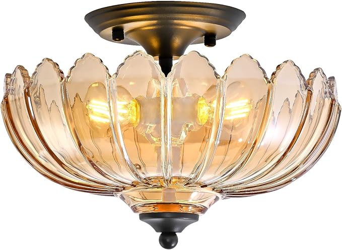 Amber Glass Ceiling Light Fixture - Handcrafted Art Glass Semi Flush Mount with 3 E26 Bulb Sockets, Warm Amber Shade Lighting for Living Room Dining Room Hallway, Vintage Indoor Chandelier