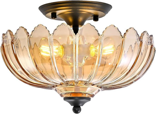 Amber Glass Ceiling Light Fixture - Handcrafted Art Glass Semi Flush Mount with 3 E26 Bulb Sockets, Warm Amber Shade Lighting for Living Room Dining Room Hallway, Vintage Indoor Chandelier