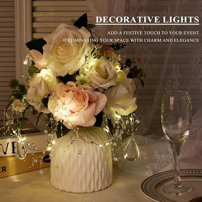 Iridescent Bead String with Fairy Lights Battery Operated, 3-8mm Artificial Crystal Beads Chain Short LED String Lights Mixed, DIY Crafts Wedding Party Garland Centerpiece(3.28ft/Set, 2 Set)