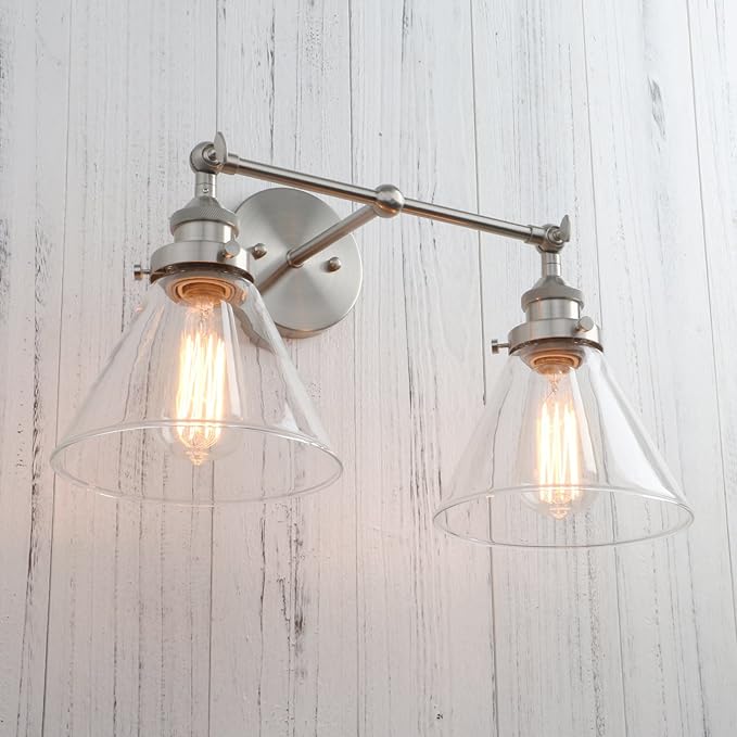 PERMO Industrial Vintage Slope Pole Wall Mount Single Sconce with Funnel Flared Clear Glass Shade Wall Sconce Light Lamp Fixture Hardwired (Antique Gold) (Brushed, Funnel Flared 2-Light Hardwired)