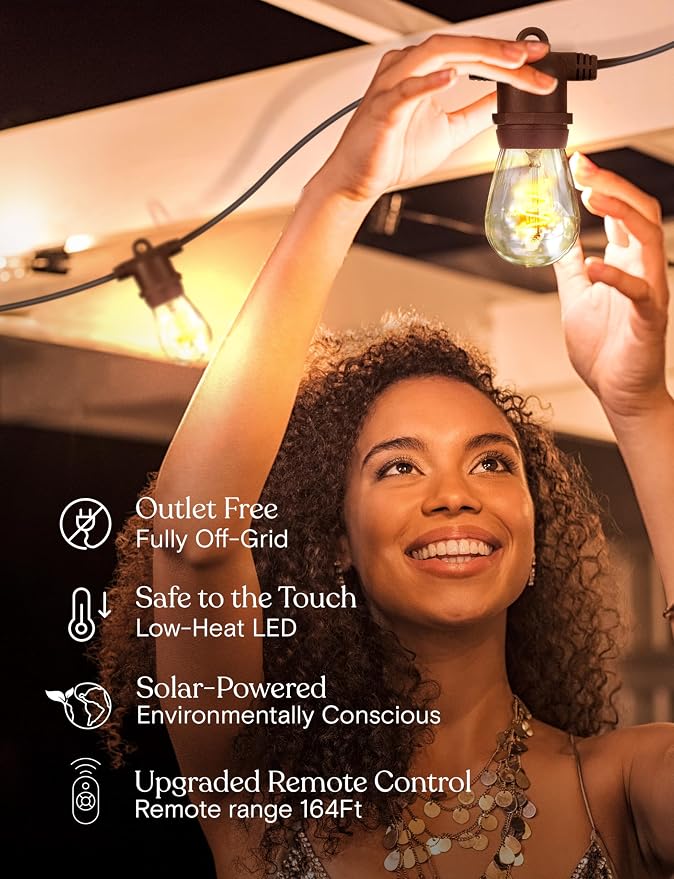 Brightech Ambience Pro Super Bright Solar Outdoor String Lights: Security, Visibility & Ambience - Heavy Duty Waterproof Patio Lights - Edison Spiral Shatterproof Bulbs - 4W Soft White Remote Control