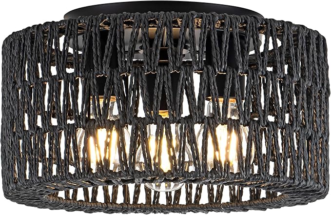 Rattan Ceiling Light Fixture, 3-Light Bohemian Modern Woven Ceiling Light, Black Boho Flush Mount Ceiling Light for Bedroom Living Room Dining Room, Bulb Not Included