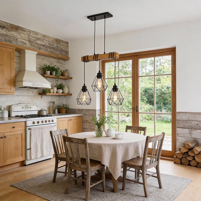 3-Lights Farmhouse Dining Room Pendant Light Fixtures Over Table, Rustic Solid Wood Kitchen Island Lighting Hanging with Metal Shades, Modern Black Ceiling Lamp for Living Room Hallway