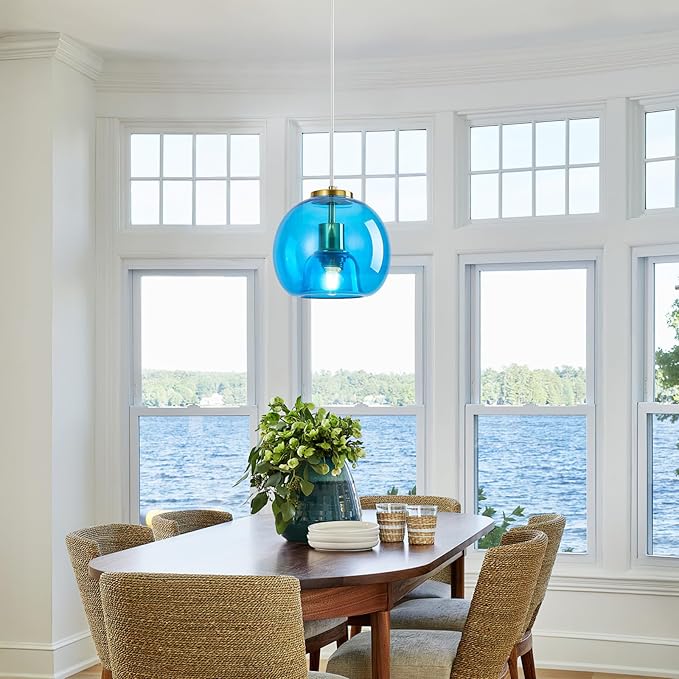 Blue Glass Pendant Lights Kitchen Island Gold Hanging Light Fixture Glass Globe Pendant Light Modern Pendant Lighting for Kitchen Island Bedroom Dining Room (7.87", 1 Pack)
