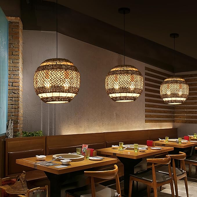 Rattan Pendant Light 13.78" Boho Wicker Seagrass Pendant Light Hand Woven Water Plants Rattan Chandelier for Dining Living Bedroom Kitchen Farmhouse