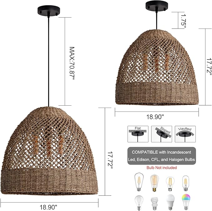 18.9" Farmhouse Rattan Pendant Light Fixture 3-Lights Costoal Chandelier Boho Hand Woven Wicker Hanging Light Fixture for Kitchen Island Living Room Bedroom Dining Room Foyer Restaurant Coffee