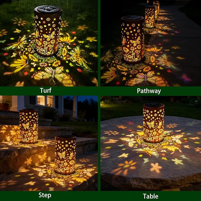 Colorful Butterfly Solar Lantern Outdoor Waterproof Garden Decorative Light, Hanging & Tabletop Solar Powered Lantern with Projection Pattern for Patio Garden Yard Balcony (Butterfly)