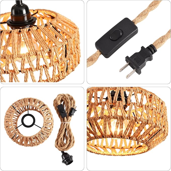 Plug in Pendant Light Rattan Hanging Lamp with Switch,Mini Rattan Boho Semi Flush Mount Ceiling Light,Hand Woven Hallway Light Fixtures for Bedroom Entryway Kitchen