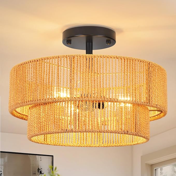Rattan Ceiling Light Fixture Modern Boho Chandelier Flush Mount Ceiling Light 3-Lights 12.99",Boho Woven Wicker Light Fixtures for Hallway Bedroom Living Room Entryway Kitchen Island
