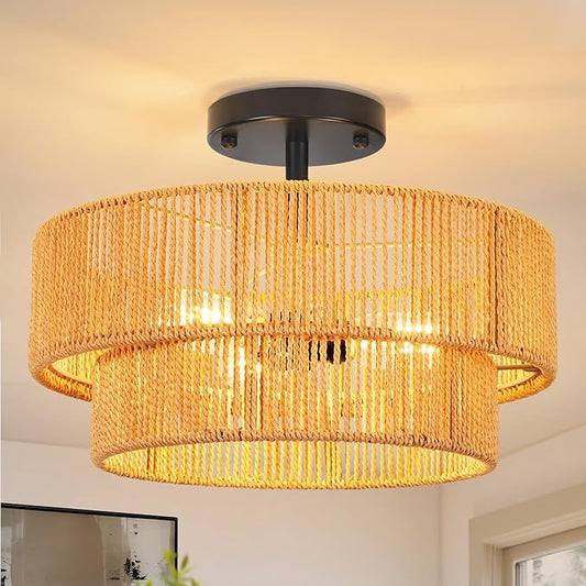 Rattan Ceiling Light Fixture Modern Boho Chandelier Flush Mount Ceiling Light 3-Lights 12.99",Boho Woven Wicker Light Fixtures for Hallway Bedroom Living Room Entryway Kitchen Island