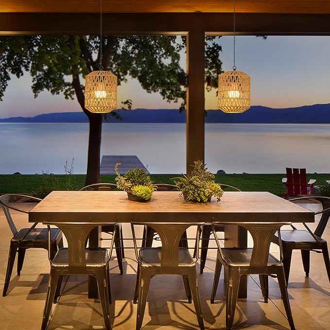 HMVPL Battery Operated Chandelier, Rattan Battery Operated Pendant Light with Remote, Boho Outdoor Chandelier for Gazebo, Wicker Gazebo Light, Outdoor Hanging Lamp for Patio Pergola Indoor(2 Pack)