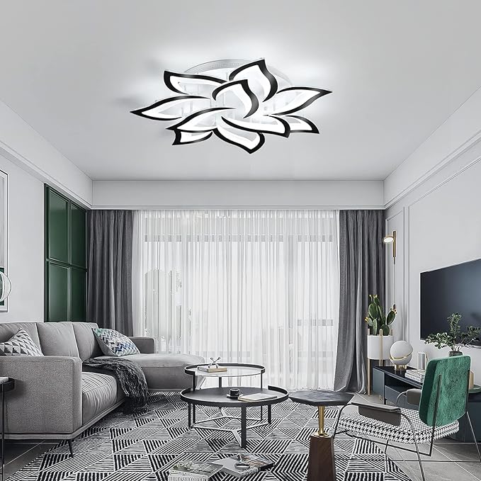 Garwarm Modern LED Ceiling Lights,Dimmable Flush Mount Ceiling Lamp Fixture, Black Petals Flower Shape Ceiling Light Chandelier Lighting for Bedroom Living Dining Room (72W, Black)