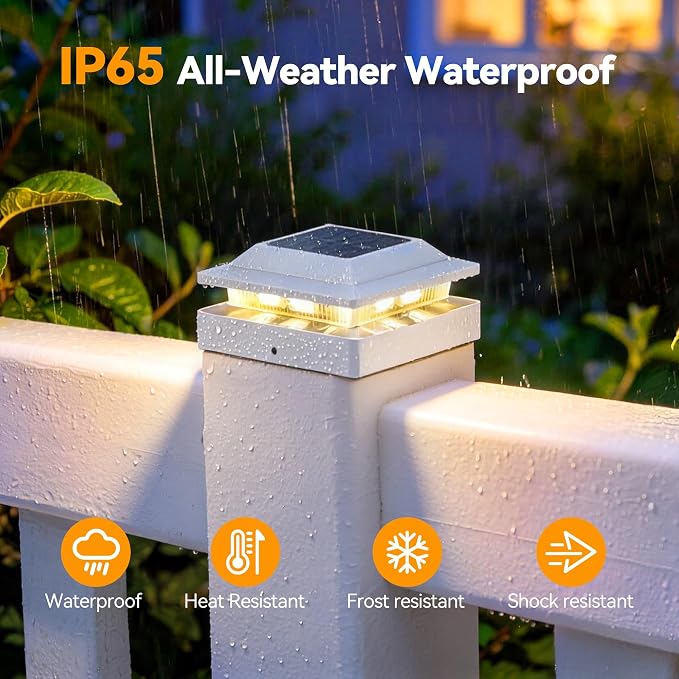 Solar Post Cap Lights 2-Pack, IP65 Waterproof Fence Post Solar Lights for 4x4 Wood/Vinyl Posts, Outdoor Post Lights with 2 Color Modes Decorate Garden Patio Porch Backyard, White