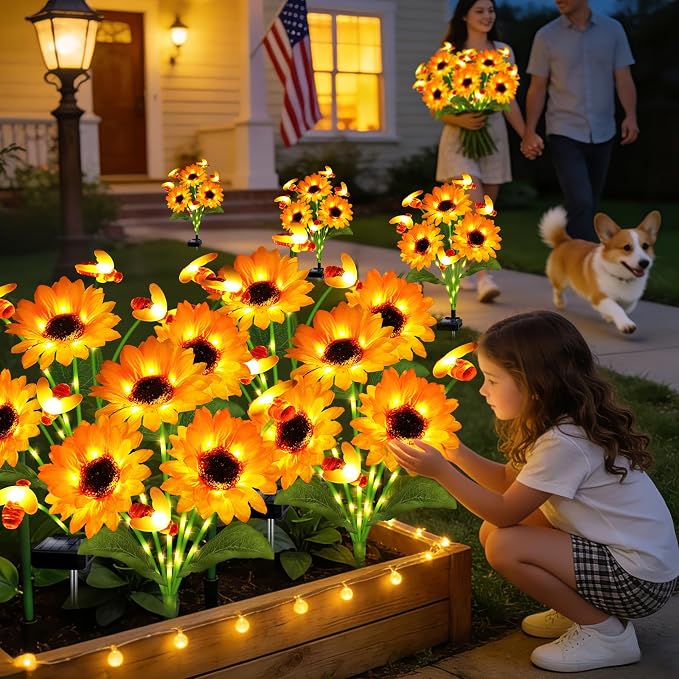 Kohlrabi Solar Garden Lights-6 Pack Solar Sunflowers with Swaying Bees, Gifts for Mom Women Mothers Day Birthday, Waterproof Sunflower Light for Outdoor Patio Yard Decor