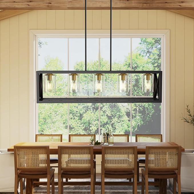 Espird Black Gold Dining Room Light Fixture - 5 Light Chandeliers for Dining Room with Clear Glass Shade & Adjustable Height & Thickened Metal Rectangle Dining Table Light Fixture
