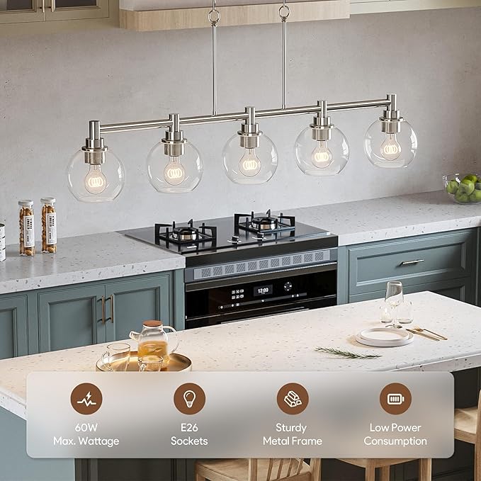 VONLUCE Dining Room Light Fixture Over Table, 5-Light Kitchen Island Lighting with Round Glass Shades & Adjustable Hanging Heights, Linear Chandlier for Dining Room Kitchen, Nickel, ETL Certificated