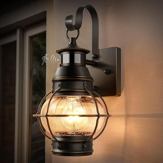 Lamomo Black Outdoor Light,Exterior Front Porch Lights for House,Dusk to Dawn Motion Sensor Lights,Waterproof Anti-Rust Wall Mount Lantern for Outside,Garage(NO Bulb)