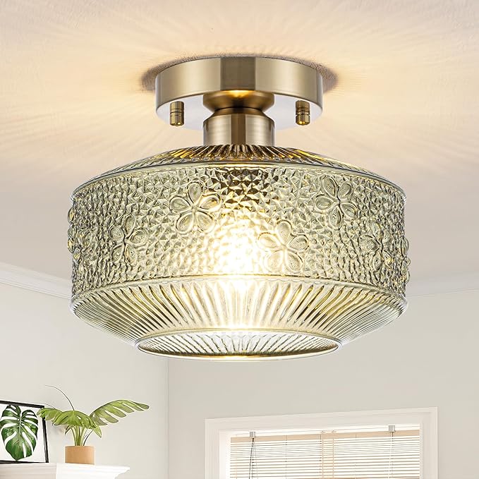Semi Flush Mount Ceiling Light, 9 Inch Modern Small Ceiling Light Fixture with Green Thickened Glass & Stone Floral Pattern, Bronze Base for Hallway Kitchen Bedroom Hotel Cafe