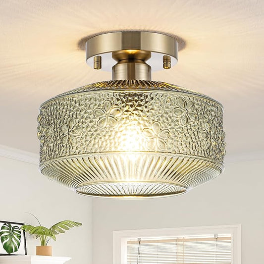 Semi Flush Mount Ceiling Light, 9 Inch Modern Small Ceiling Light Fixture with Green Thickened Glass & Stone Floral Pattern, Bronze Base for Hallway Kitchen Bedroom Hotel Cafe
