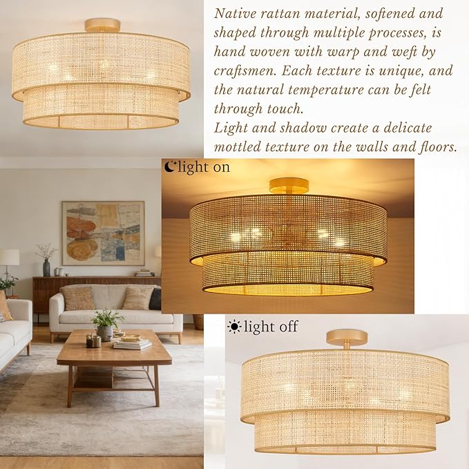 Hamilyeah 24 Inch Large Boho Ceiling Light Double Layer, Semi Flush Mount Light Fixture with Wicker Rattan Bamboo Woven Shade for Living Room, Dining Room