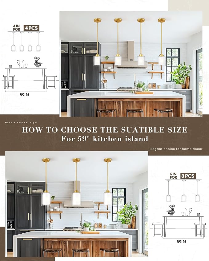 TENGXIN Modern Pendant Light,6-in Brushed Gold Modern Pendant Light for Kitchen Island,Hanging Ceiling Light Fixture,Farmhouse Pendant Lighting for Dining Room Bedroom Bar Office 2Pack,TXPLBG02-2PK-L