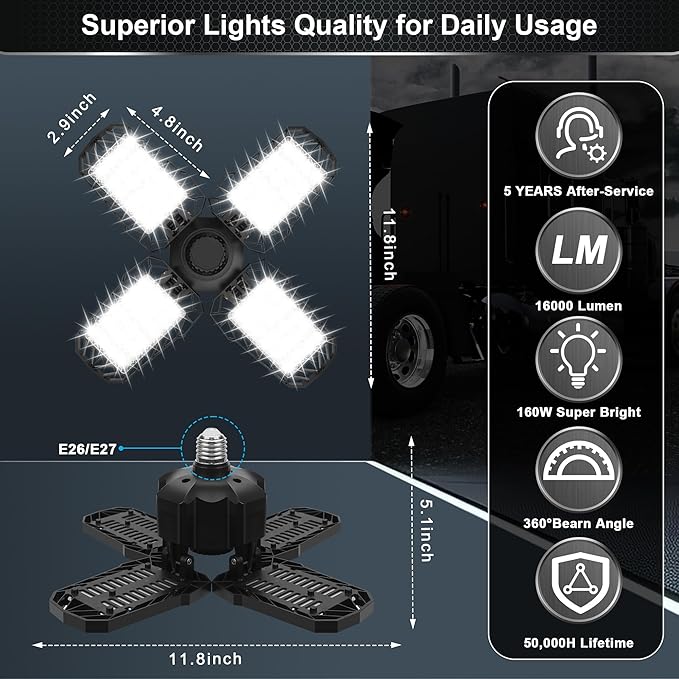 4 Pack LED Garage Light, 150W 15000LM 6500K LED Shop Lights, Garage Lights Ceiling Led with 4 Deformable Panels, Screw in E26/E27 Bulb Socket for Warehouse, Basement, Attic, Barn, High Bay Lighting