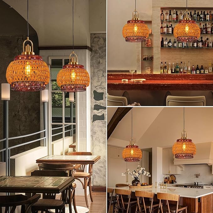 12.6-inch Vintage Burgundy Bohemian cage Chandelier, mid-Century Wicker Tiffany-Style lamp, Suitable for Kitchen Island, Farmhouse Dining Room, bar, Coffee Shop~