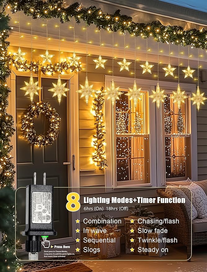 126 LED Star Icicle Lights,7.8ft Connectable Window Curtain Lights Plug in,8 Lighting Modes Timer Bethlehem Star Christmas Light for Indoor Outdoor,Bedroom,Wedding,Ramadan Decor,Warm White