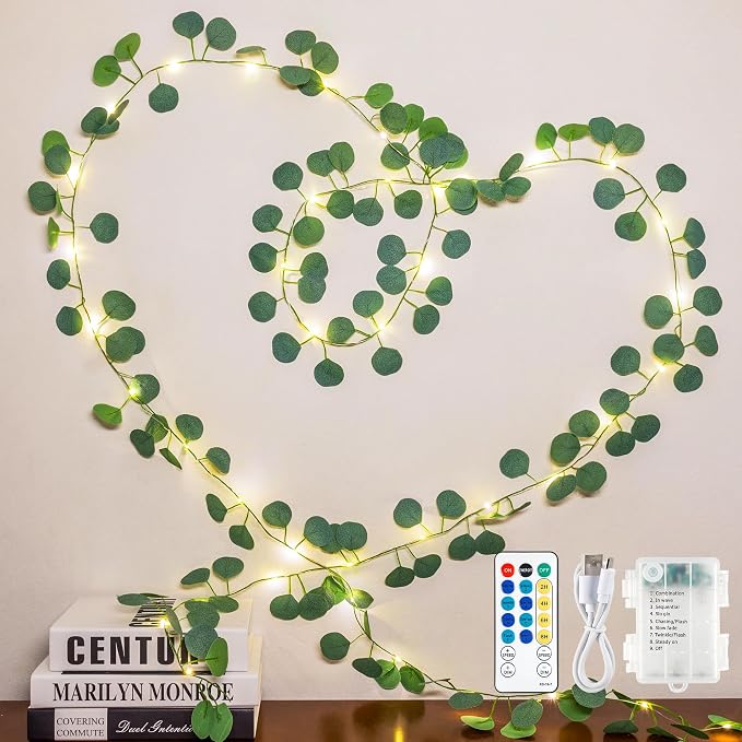 Vines with Fairy Lights,13ft Eucalyptus Garland String Lights USB/Battery Operate,40 LED Fake Leaf Twinkle Lights for Wedding,Birthday,Dorm,Bedroom,Curtain, Photo,Wall Decor(Warm White)