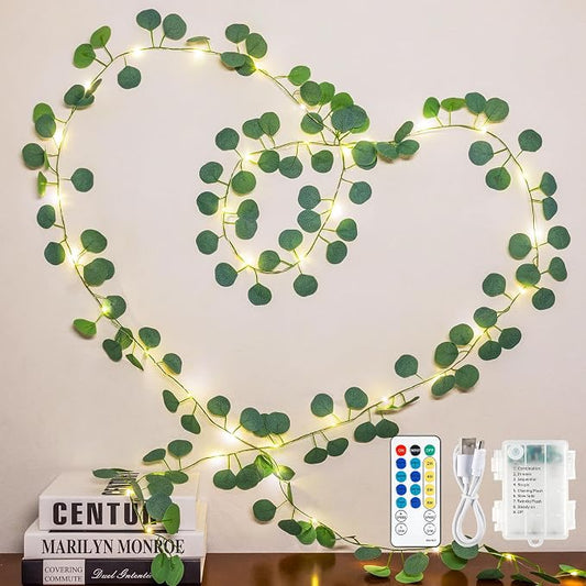 Vines with Fairy Lights,13ft Eucalyptus Garland String Lights USB/Battery Operate,40 LED Fake Leaf Twinkle Lights for Wedding,Birthday,Dorm,Bedroom,Curtain, Photo,Wall Decor(Warm White)