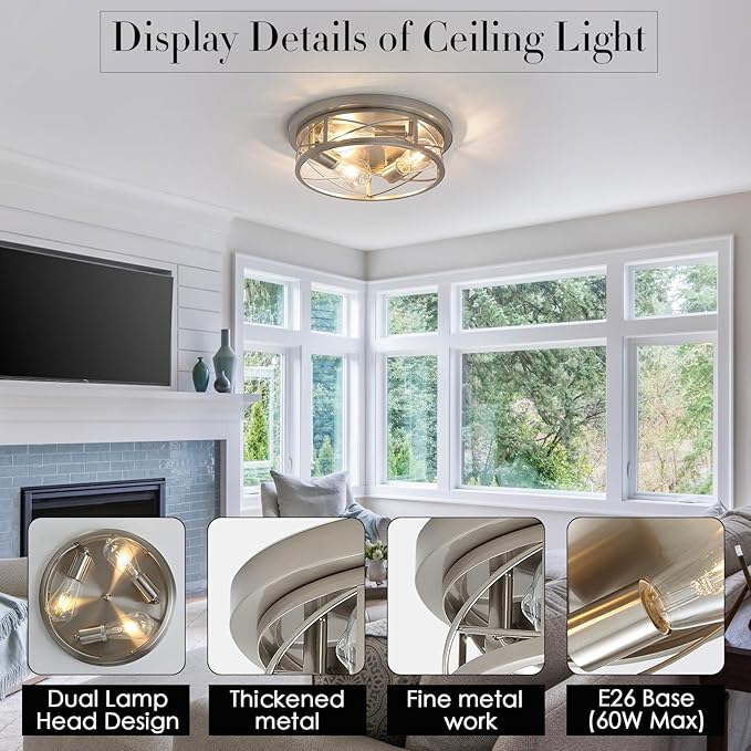 Brushed Nickel Farmhouse Ceiling Light Fixtures,3 Lights Flush Mount Ceiling Light,Bathroom Light Fixtures Ceiling Mount for Hallway Bedroom Kitchen 2 Pack