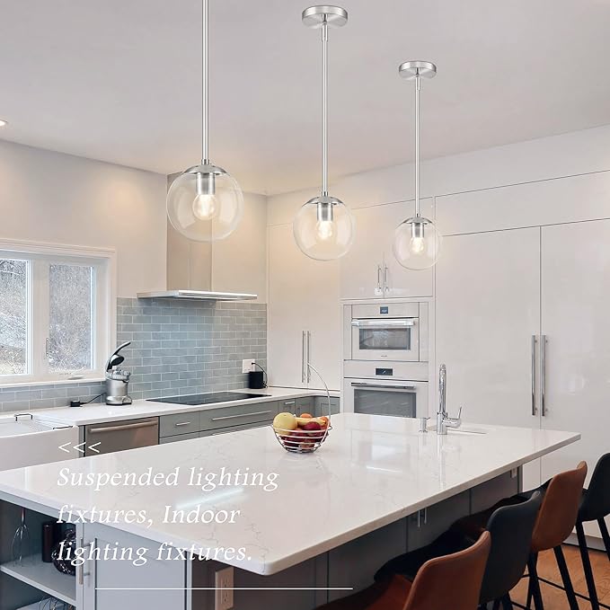 Bagood 6 Inch Globe Pendant Light Nickel Globe Pendant Lights Kitchen Island Mid Century Light Fixture with Hight Clear Glass Contemporary Adjustable Hanging Lights for Dining Room (Bulb Included)